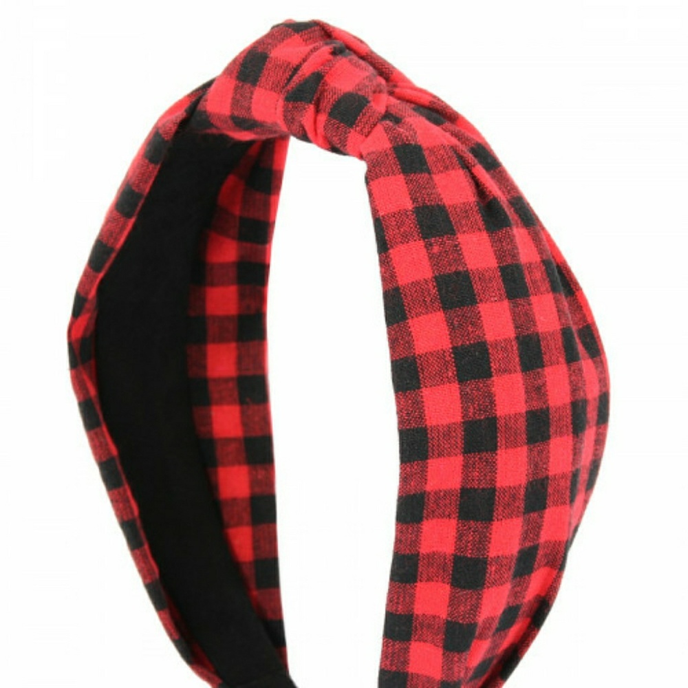RED PLAID KNOTTED FABRIC COATED HAIR BAND - Picture 3 of 3
